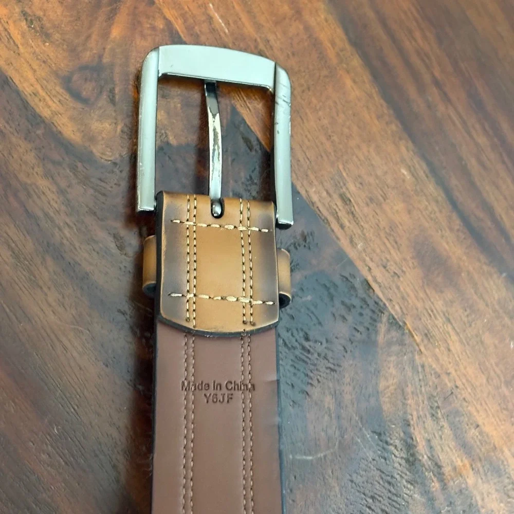 Perry‎ Ellis Mens Tan Leather Belt 34/85 Burnished Contrast Stitch 1P75906